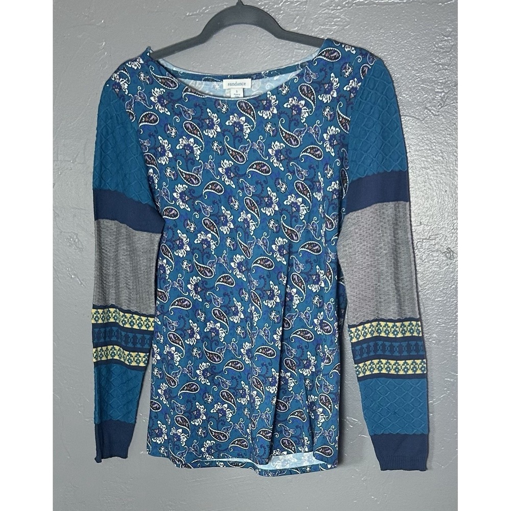 Sundance Blue Multi Media Longs Sleeve Top Knit Sleeves Cotton Blend Size Small